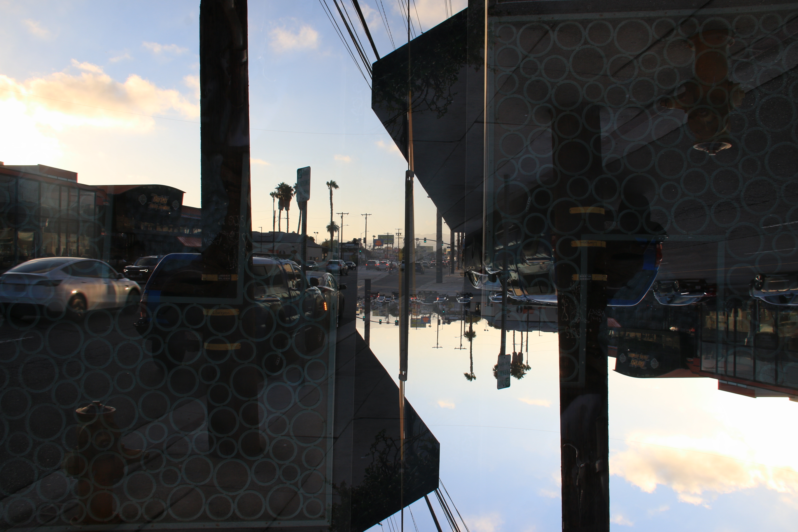 Venice Beach street scene layered with an inverted sky and silhouettes
