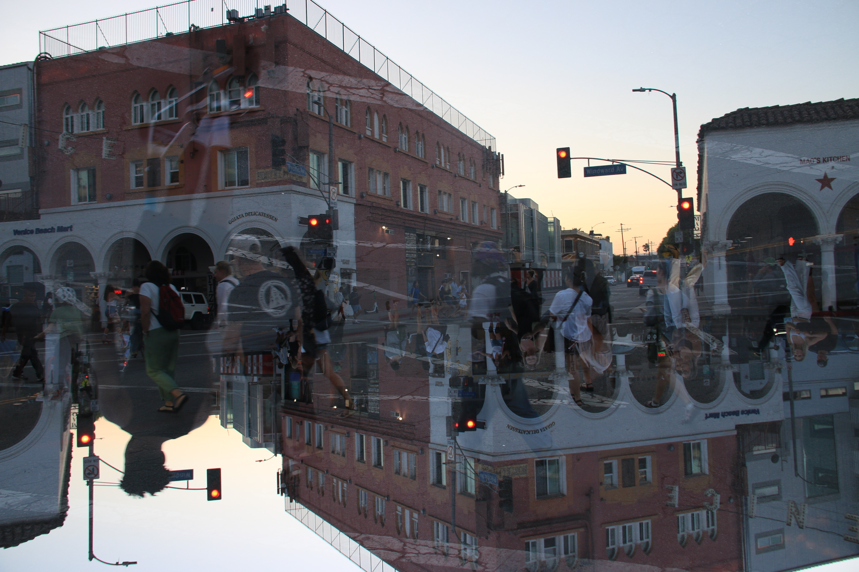 Crowd and trees doubled across an inverted Venice Beach frame